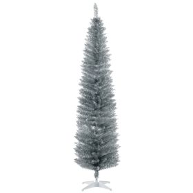 7FT Decorated Christmas Tree, Pencil Christmas Tree with 499 Realistic Branch Tips and Plastic Stand, Silver