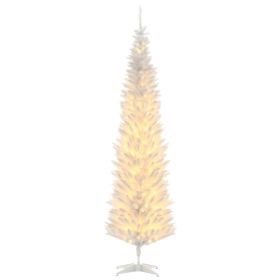 7ft Pencil Christmas Tree, Slim Artificial Christmas Tree with Realistic Branches and Warm White LED Lights, White