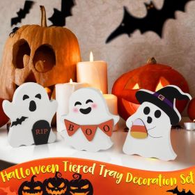 Halloween Decorations Indoor, Wooden Tiered Tray Decor Table Sign Set of 3, Black Cat Bat Witch Broom Signs Pumpkin Blocks for Party Home Shelf D (Option: B-Ghost)