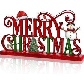 Metal Merry Christmas Sign, 11.8 Inch Red & Green Xmas Word Sign With Wooden Base, Tabletop Centerpiece For Mantel, Shelf & Party (Option: MULTI)