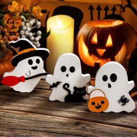 Halloween Decorations Indoor, Wooden Tiered Tray Decor Table Sign Set of 3, Black Cat Bat Witch Broom Signs Pumpkin Blocks for Party Home Shelf D (Option: A-Ghost)