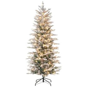 6 Pre Lit Artificial Flocked Christmas Trees, with Snow Branches, Warm Yellow Clear Lights, Auto Open, Extra Bulb (Option: Green-980x270x290 mm)