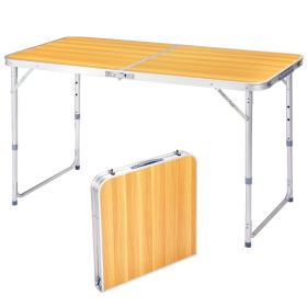 4FT Adjustable Height Folding Table, 120-60cm Portable Aluminum Foldable Camping Table Wood Grain Utility Table For Picnic BBQ Party Indoor Outdo (Option: Yellow)