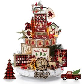24 Pack Christmas Tiered Tray Decor, Rustic Wooden Buffalo Plaid Holiday Decorations, Festive Tabletop Ornaments For Home & Kitchen (Option: MULTI)