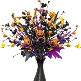 6 Pcs Halloween Floral Picks, 17 Inch Jack-o'-Lanterns & 3-Color Berry Decorative Stems (Option: MULTI COLOR)