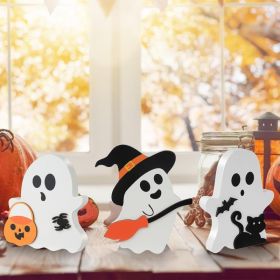 3 Pack Halloween Decorations, Cute Ghost Tabletop Decor, Wooden Tiered Tray Signs With Black Cat, Bat & Witch Broom For Home (Option: MULTI)